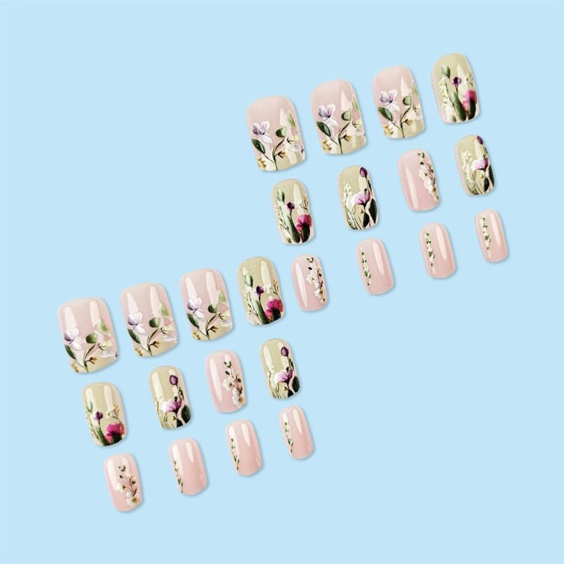 juggssa Spring Flower Press on Nails Short Square Fake Nails Glossy Pink Acrylic Nails Press on False Nails with Floral Designs Spring Summer Glue on Nails Short Stick on Nails for Women Nail Art Decor 24PCS - Image 2